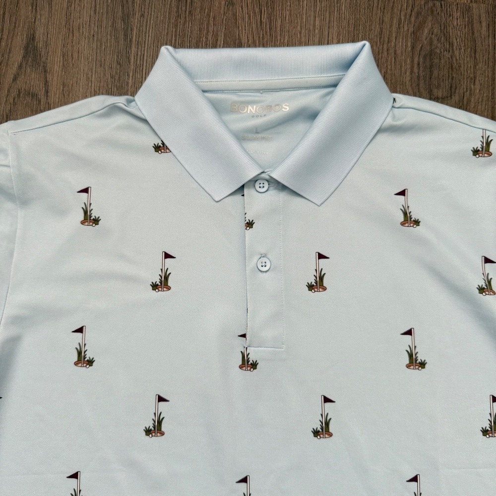 BONOBOS Golf Mens Large Slim Fit Light Blue Golf Polo Shirt Golf Course Print